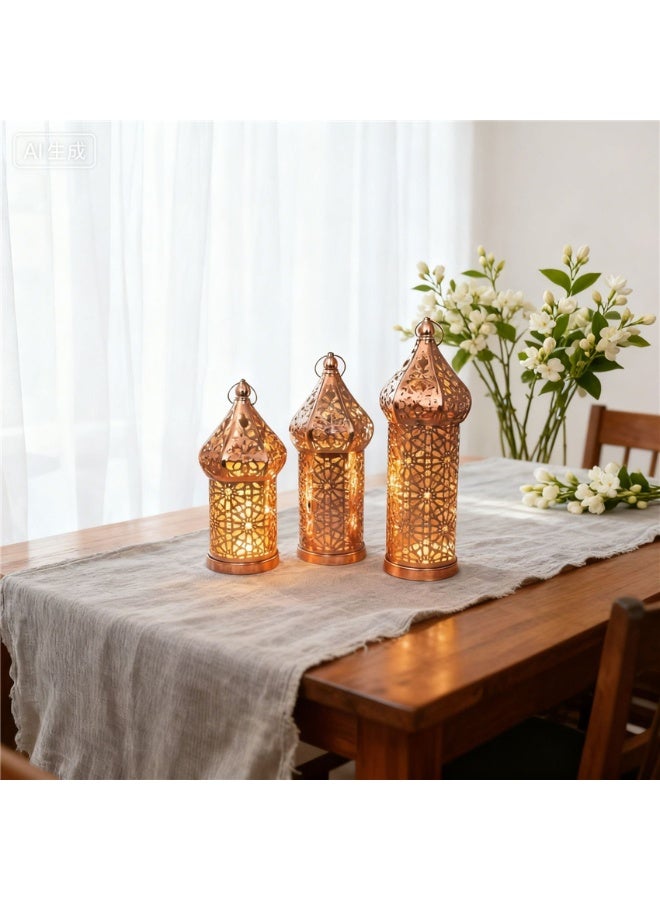 Ramadan Lantern Candle Holder, Metal Eid Mubarak Lantern Decor Lights, Moroccan Hollowed Lantern Lighting Decoration for Home Table Party Ramadan Tabletop, 10*10*35cm (Gold -L) - Image 5